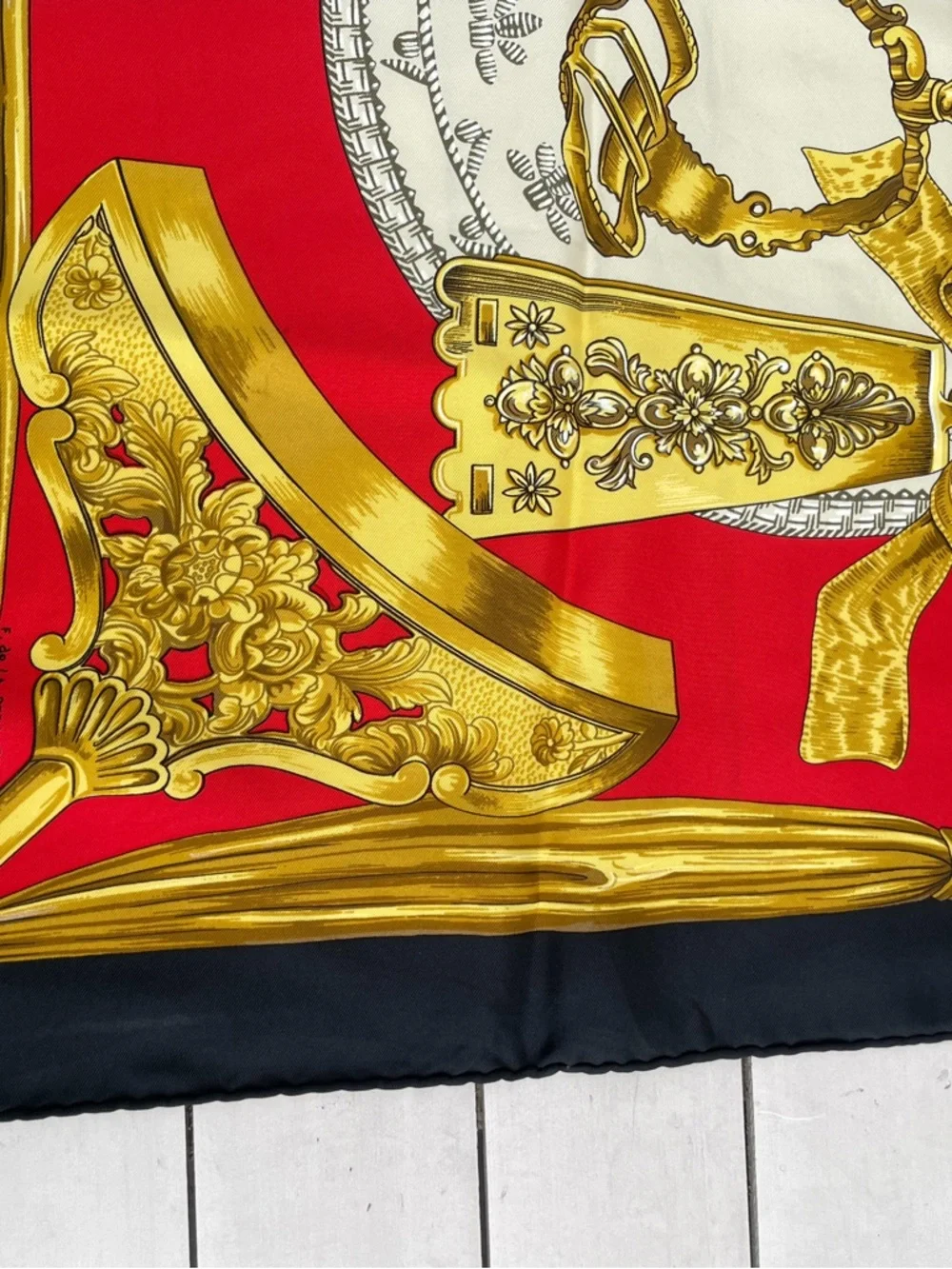 Hermes Red Black Cream Silk Scarf with Gold Equestrian Motifs - Picture 11 of 13
